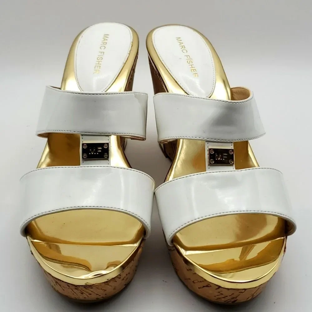 MARC FISHER White and Gold‎ Wedge Sandals. SIZE 10M. S855